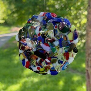 #5302 ROUND FUSED GLASS 4 1/2” ROUND MULTI COLOR ORNAMENT OR SUNCATCHER